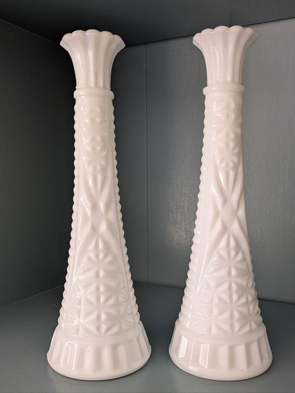 Stars And Bars Milk Glass Bud Vases - Pair
